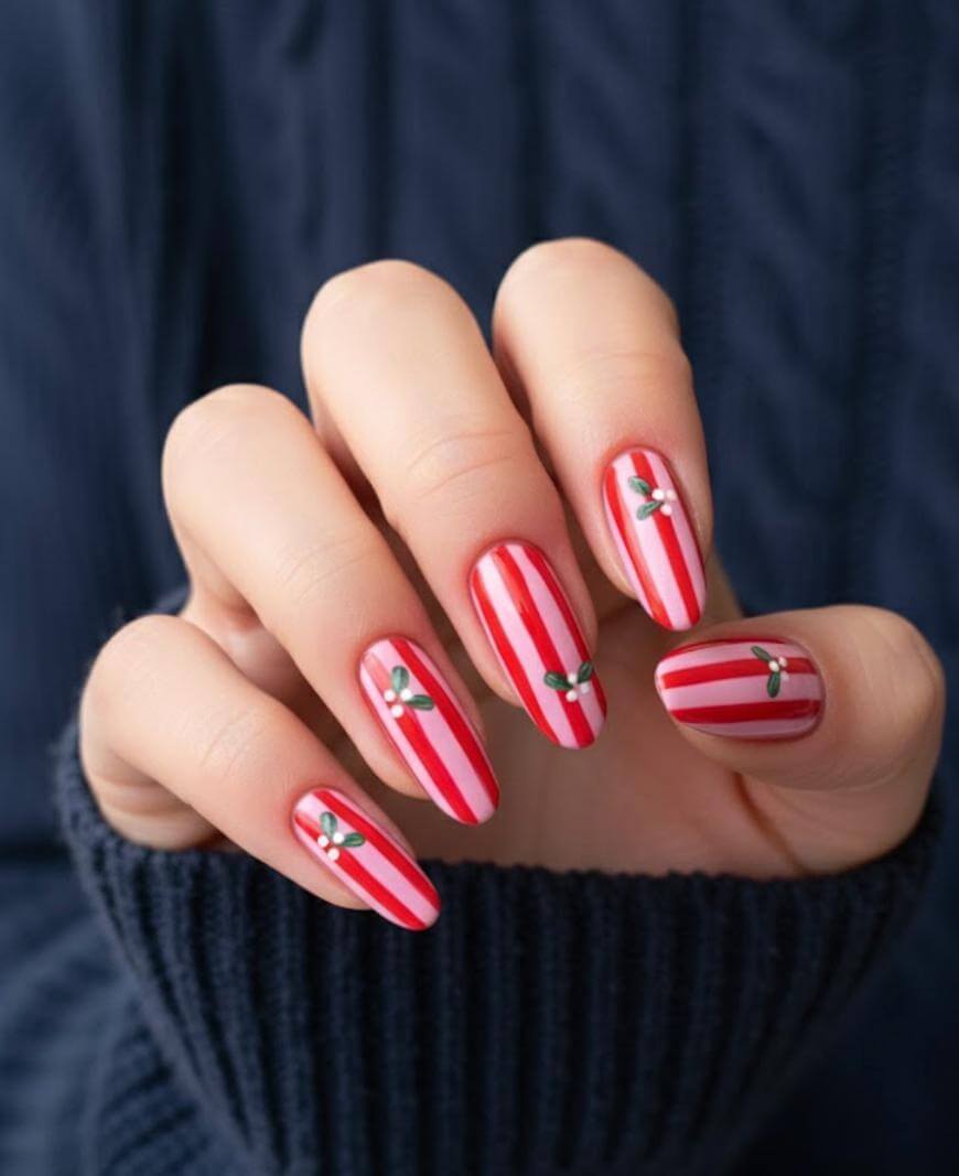 A hand with long, almond-shaped nails painted with red and white vertical stripes and small holly leaf designs, shown against a dark blue, textured sweater.