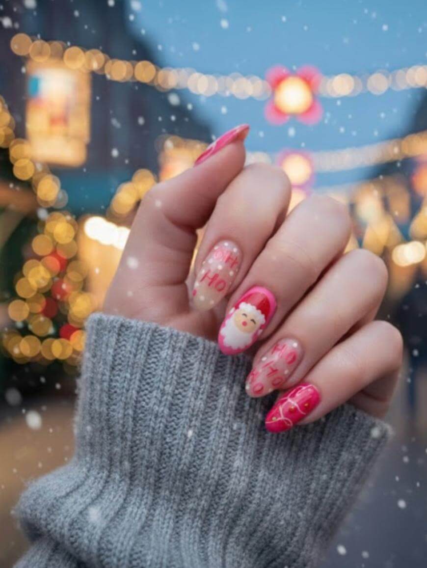 A hand with festive Christmas-themed nail art, including a Santa Claus face and holiday text, is shown against a blurred, snowy, outdoor backdrop with twinkling lights. The hand is wearing a gray sweater sleeve.