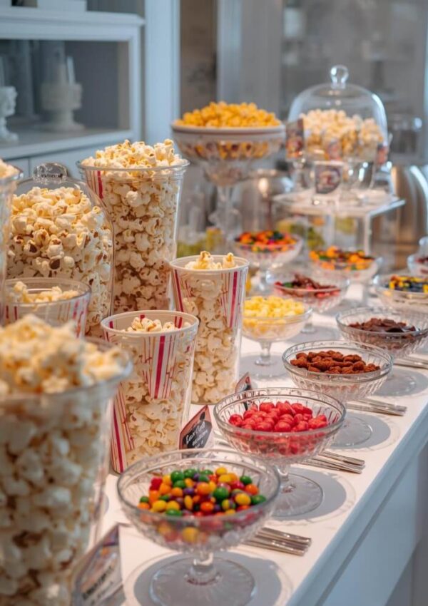 A table filled with glass bowls and containers of popcorn, candy, and snacks, arranged neatly for a party or buffet. The display includes colorful sweets and striped popcorn buckets on a white surface.