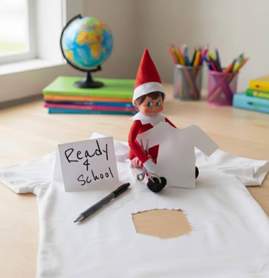 A toy elf sits at a desk holding scissors and paper, next to a white T-shirt with a cutout hole. A sign reads Ready 4 School. Pens, colored pencils, books, and a globe are in the background.