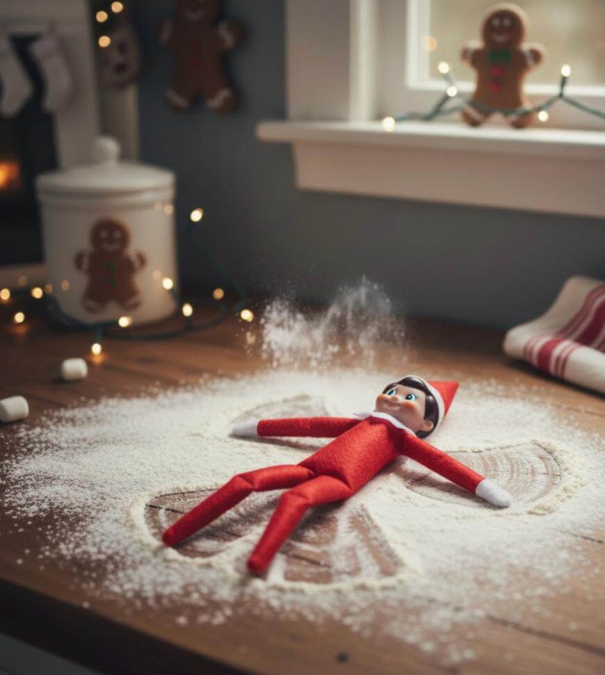 A toy elf in a red outfit lies on a kitchen counter making a snow angel shape in spilled flour, with marshmallows, cookie jars, and gingerbread decorations in the background.