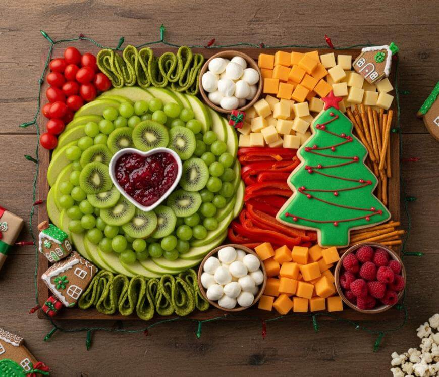 A festive snack tray with grapes, kiwi, cheese cubes, tomatoes, pretzels, raspberries, mozzarella balls, gingerbread cookies, a green Christmas tree cookie, and a heart-shaped bowl of cranberry sauce. Holiday lights border the tray.