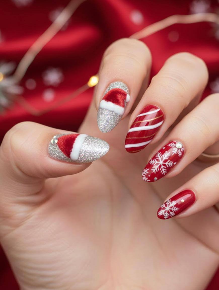 A hand with festive holiday nail art: red and silver designs featuring Santa hats, white snowflakes, a red-and-white candy cane stripe, and small gold studs, set against a red background with snowflake patterns.