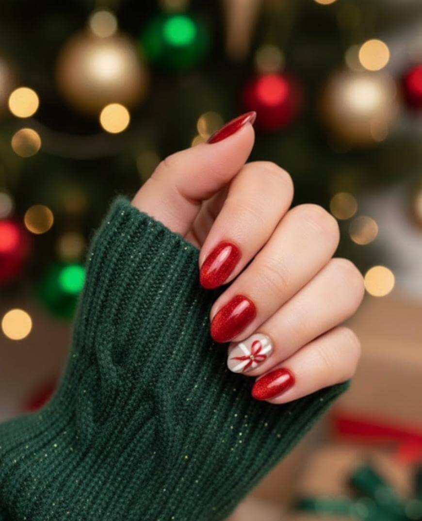 A hand with shiny red nails and one accent nail featuring a small gift bow design, wearing a green sweater, is held up in front of a blurred Christmas tree with red and gold ornaments.