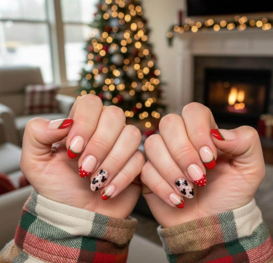 Close-up of hands with festive nail art, including red French tips and polka dots, and black-and-white cow print designs. A Christmas tree and fireplace are blurred in the cozy background. Person wears a plaid shirt.