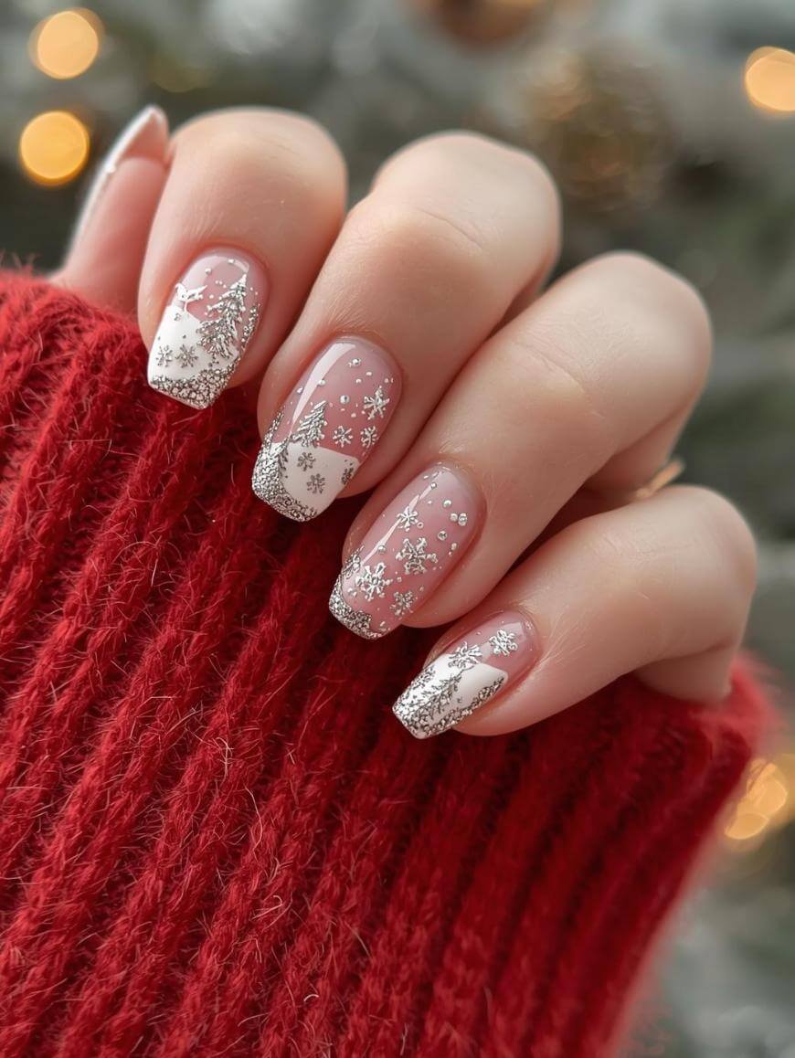 A hand with manicured nails featuring white and silver snowflake designs and glittery tips, holding a red knitted fabric. The background is softly blurred with warm lights.