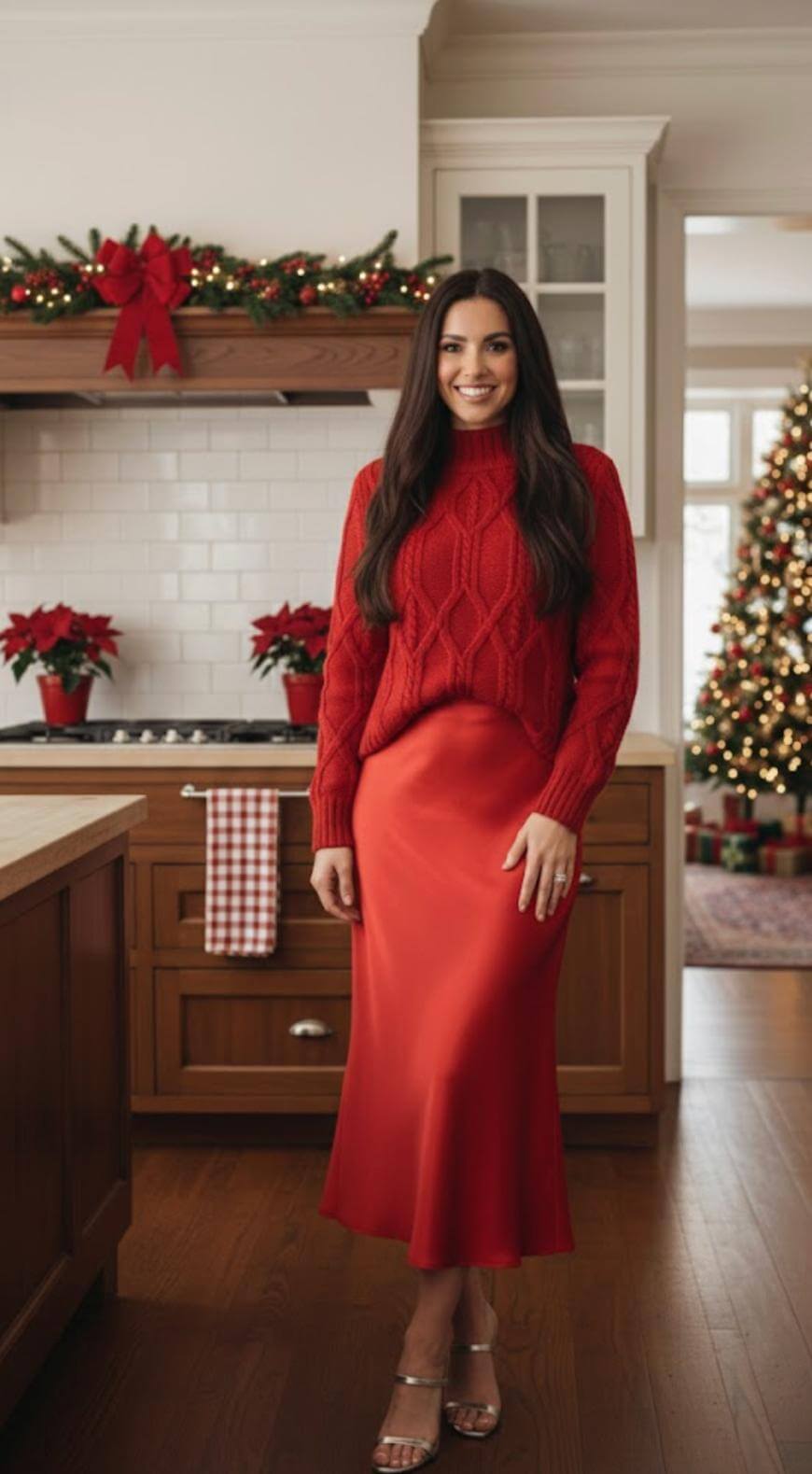 A woman with long dark hair stands in a kitchen decorated for Christmas, wearing a red sweater and a red satin skirt. A Christmas tree and garlands with lights and bows are visible in the background.