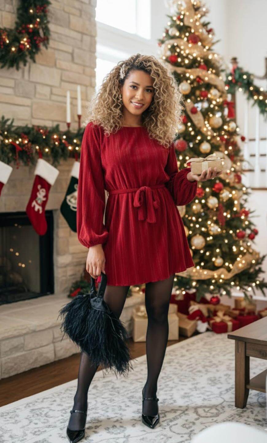 A woman with curly hair wearing a red long-sleeve dress, black tights, and heels stands by a decorated Christmas tree and fireplace, holding a clutch and a black handbag. The room is festive with stockings and garlands.