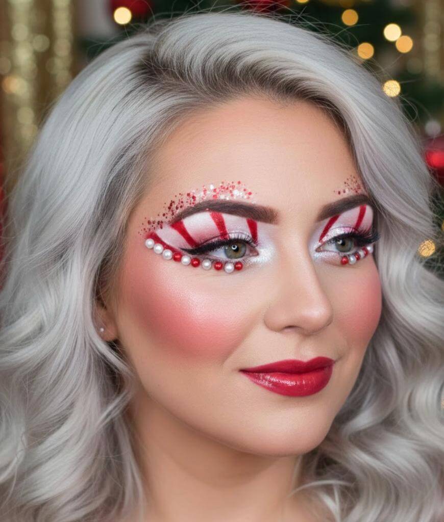A woman with silver hair and festive makeup featuring red and white candy cane stripes on her eyelids, rhinestones, pearls, and bold red lipstick, set against a blurred holiday background.