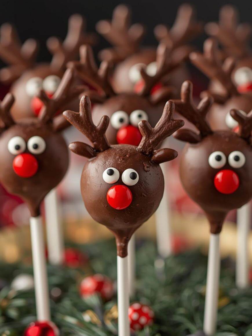 Chocolate cake pops decorated as reindeer, with red candy noses, large candy eyes, and chocolate antlers, displayed on white sticks with greenery and red ornaments at the base.