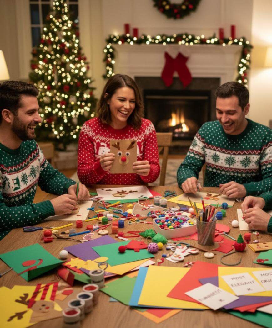 Four adults wearing festive sweaters sit around a table filled with colorful craft supplies, making Christmas decorations. A decorated tree and fireplace with stockings are in the cozy, warmly lit background.