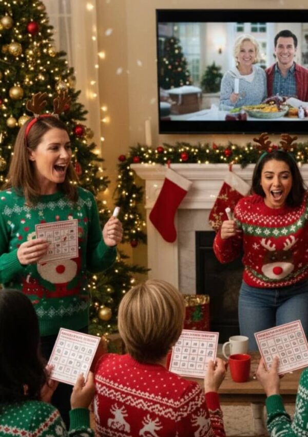 Four people in festive sweaters play bingo in a living room decorated for Christmas, with a decorated tree, stockings, and a TV showing a cheerful couple in holiday attire holding food.