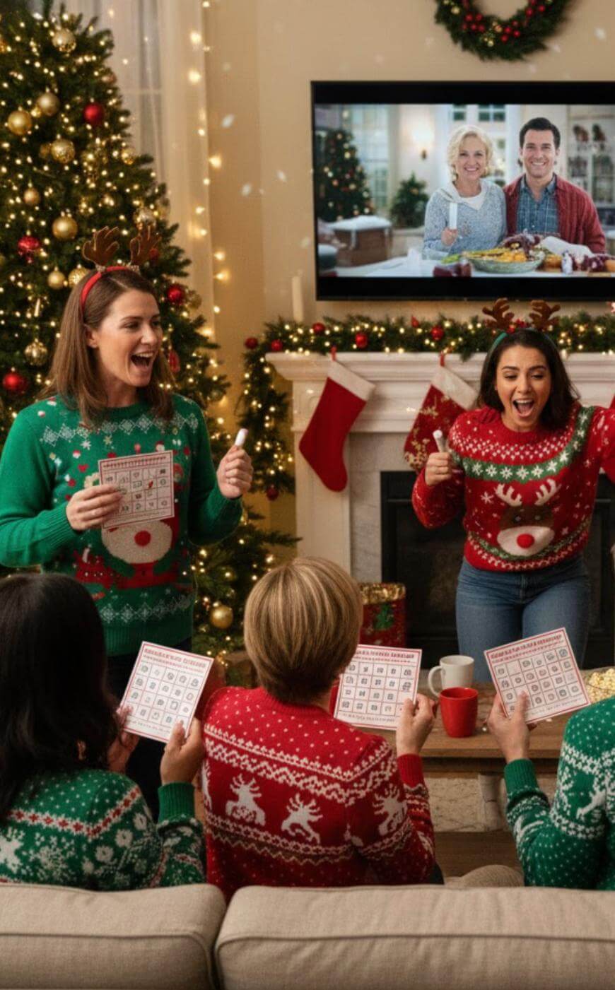 A group of people in festive sweaters play bingo in a decorated living room with a Christmas tree, stockings, and a TV showing a smiling couple holding a holiday meal. Two women stand cheering with bingo cards.