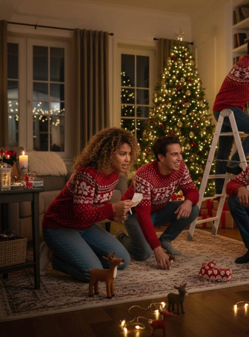 A smiling couple in matching red Christmas sweaters kneel on a rug, wrapping gifts near a decorated Christmas tree with lights. Another person stands on a ladder, hanging ornaments. Candles and holiday decor are in the cozy room.