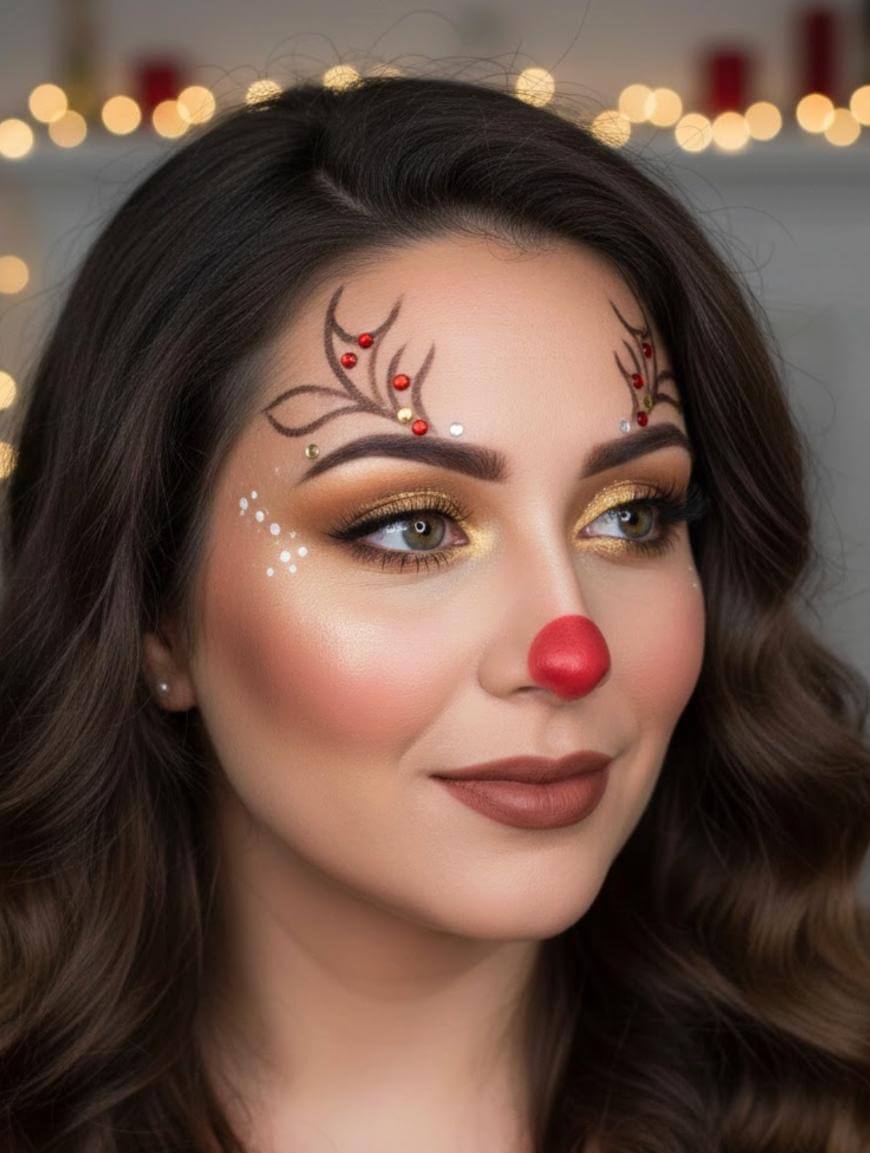A woman with long brown hair and gold eye makeup has festive face paint resembling reindeer antlers with red and white accents, and a red nose, against a softly lit, blurred background with string lights.