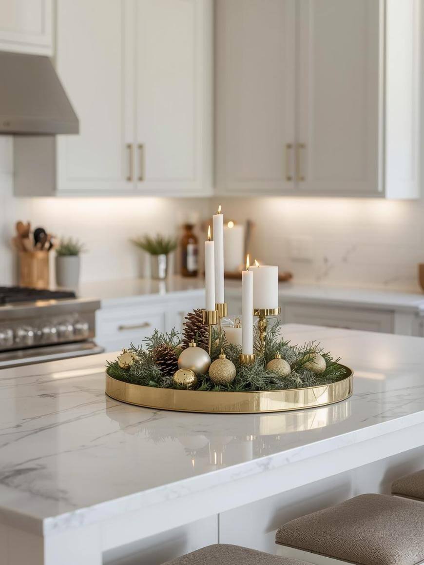 A gold tray with white candles, pine cones, gold ornaments, and greenery decorates a marble kitchen island in a modern, neutral-toned kitchen. The candles are lit, adding a cozy touch.