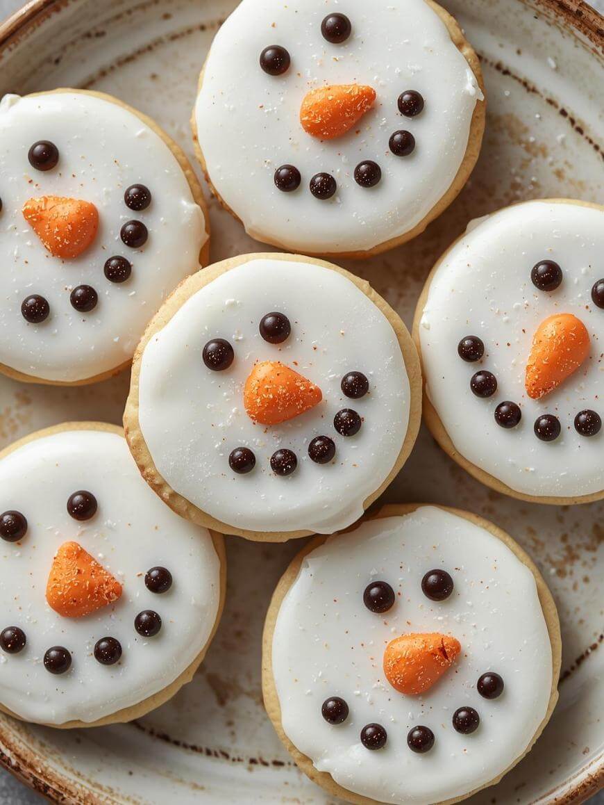 Round cookies decorated with white icing and arranged to look like snowman faces, featuring orange candy noses and chocolate dots for eyes and smiles, placed on a ceramic plate.