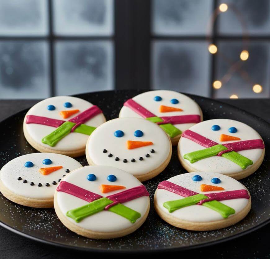 A black plate holds seven round sugar cookies decorated as snowman faces with white icing, colorful scarves, blue eyes, orange carrot noses, and smiles. In the background, a window shows a snowy scene and string lights.