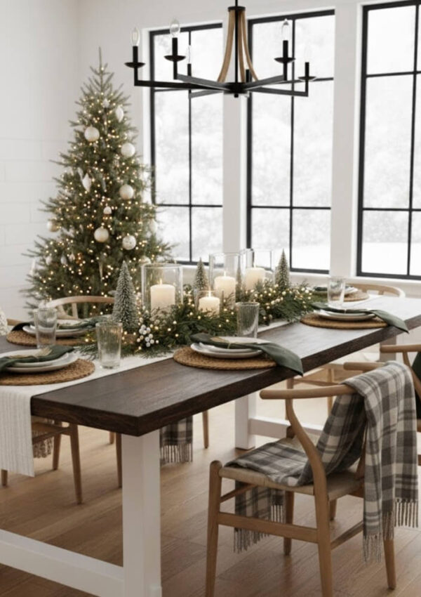 A dining table set for four with neutral decor, greenery, candles, and small Christmas trees as a centerpiece. A decorated Christmas tree stands by large windows in a bright, cozy room.