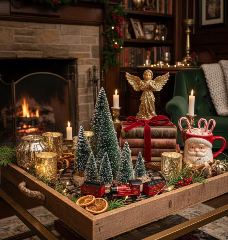A festive tray displays mini Christmas trees, a red toy train, candles, gold decorations, a Santa mug, dried oranges, and a gold angel on books. A fireplace and green sofa create a cozy holiday setting in the background.