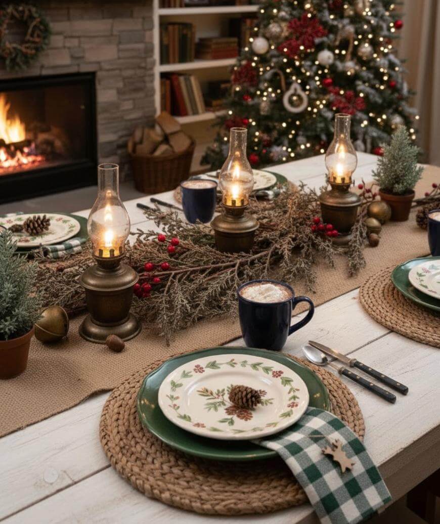 A festive dining table set with holiday plates, mugs of hot cocoa, greenery, pinecones, and old-fashioned lanterns; a decorated Christmas tree and a lit fireplace are visible in the cozy background.