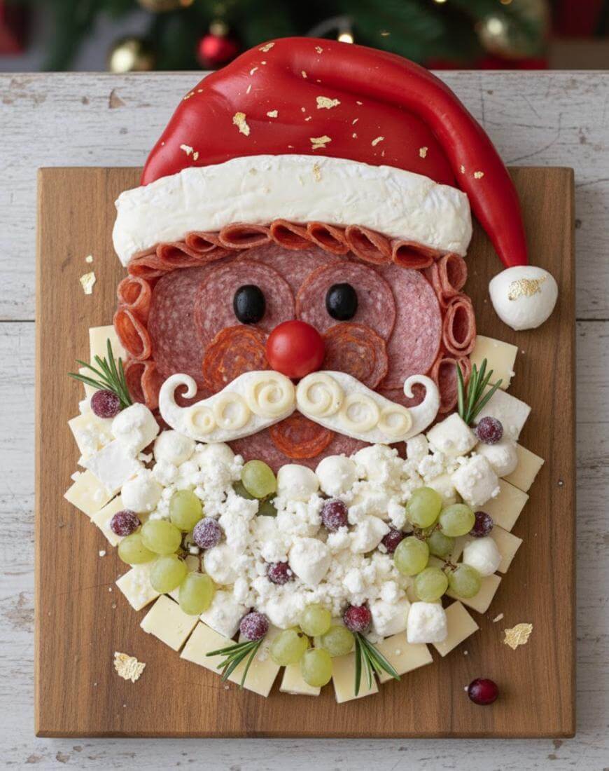A festive charcuterie board arranged as Santa’s face with meats, cheeses, olives, grapes, and rosemary on a wooden board. Santas hat is made of red peppers, and his beard from cheese and grapes.