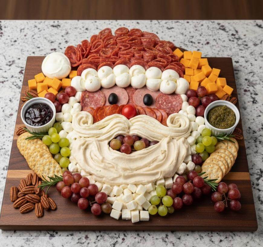 A festive charcuterie board arranged to look like Santa Claus, with meats, cheeses, grapes, crackers, and dips forming his face, hat, and beard on a wooden board.