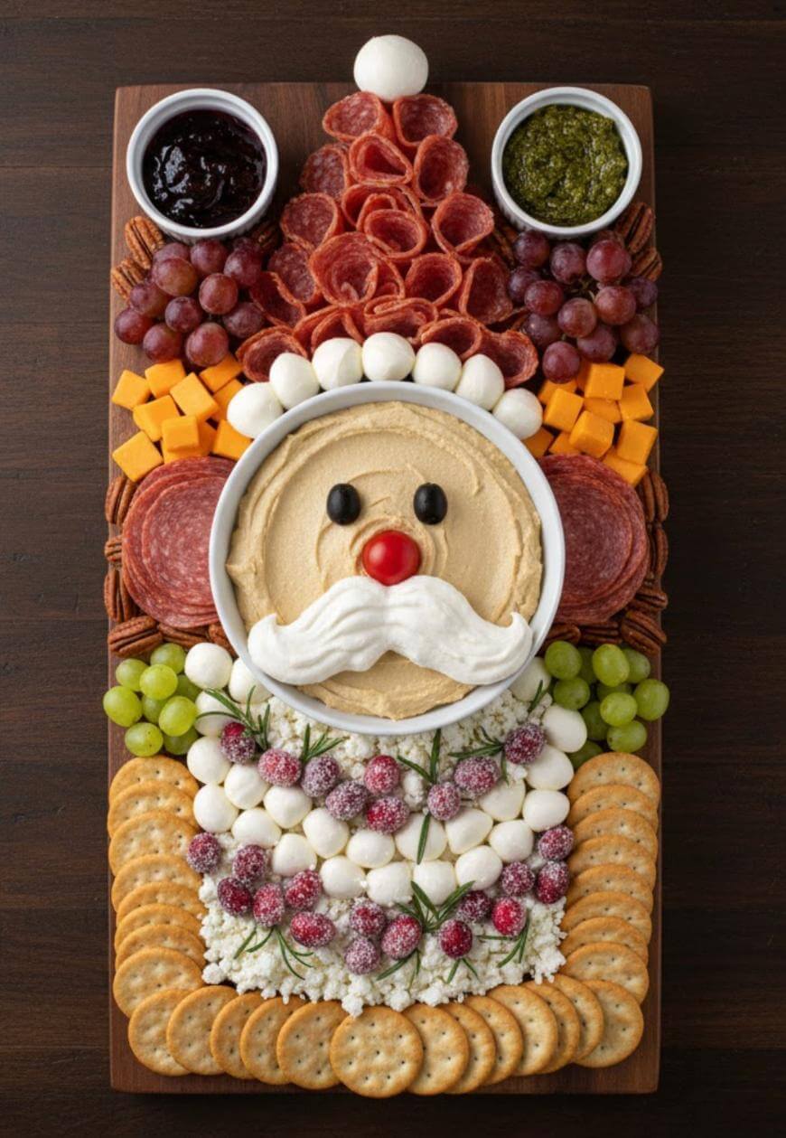 A festive charcuterie board arranged to look like Santa Claus, with meats, cheeses, grapes, crackers, and dips. The face is made of hummus, with cheese for the beard, and veggies and meats form the hat and details.