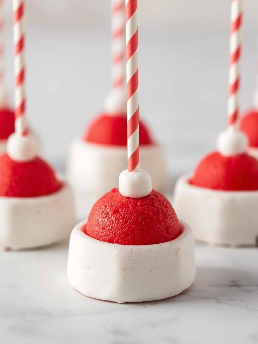 Red and white treats shaped like Santa hats, with round red tops, white bases, white candy balls, and striped straws sticking out from the center, arranged on a white surface.