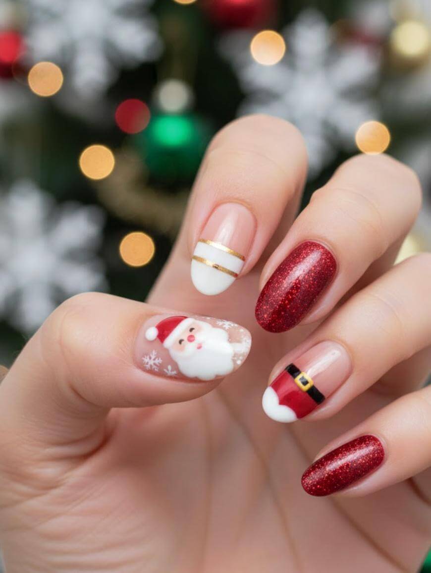 A hand with festive Christmas-themed nail art: red glitter nails, a Santa Claus face, a Santa suit, and a gold-striped tip, with blurred holiday lights and snowflake decorations in the background.