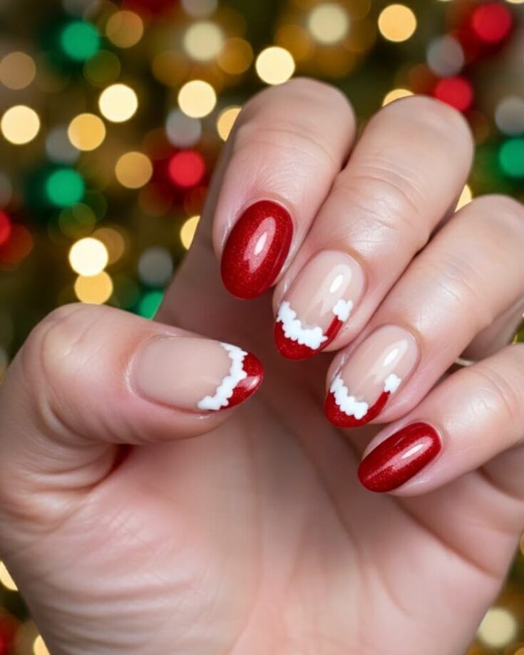 A hand with festive Christmas-themed nail art featuring red polish, nude bases, and white, fluffy designs resembling Santa hats. A blurred background has gold, red, and green lights.