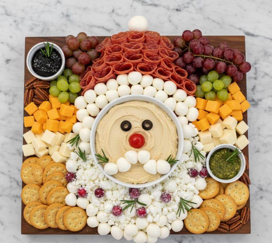 A festive charcuterie board arranged to look like Santa Claus, with meats as the hat, cheese balls for the beard, crackers, cubes of cheese, grapes, dips, and nuts on a marble surface.