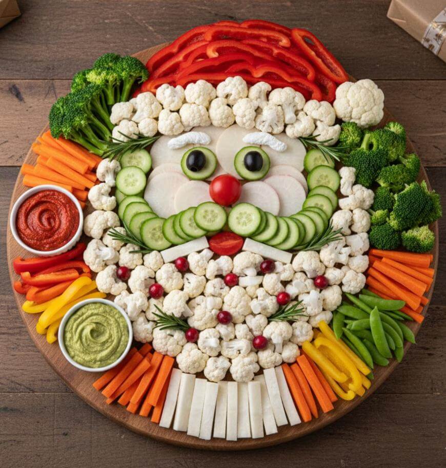 A festive veggie platter arranged to look like Santa Claus, with cauliflower for the beard and hat trim, red bell peppers for the hat, cucumbers and olives for the face, and assorted vegetables surrounding two dipping sauces.