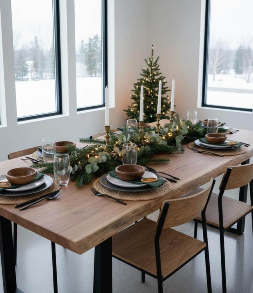 A wooden dining table set for six with plates, glasses, and brown bowls, decorated with a greenery and candle centerpiece. A small lit Christmas tree stands by the window, and snow is visible outside.