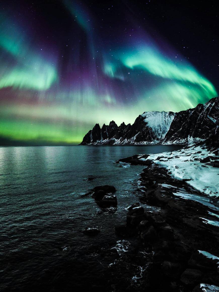 A vibrant aurora borealis with green and purple lights illuminates the night sky above snow-capped mountains and a dark, rocky shoreline beside a calm, reflective sea.