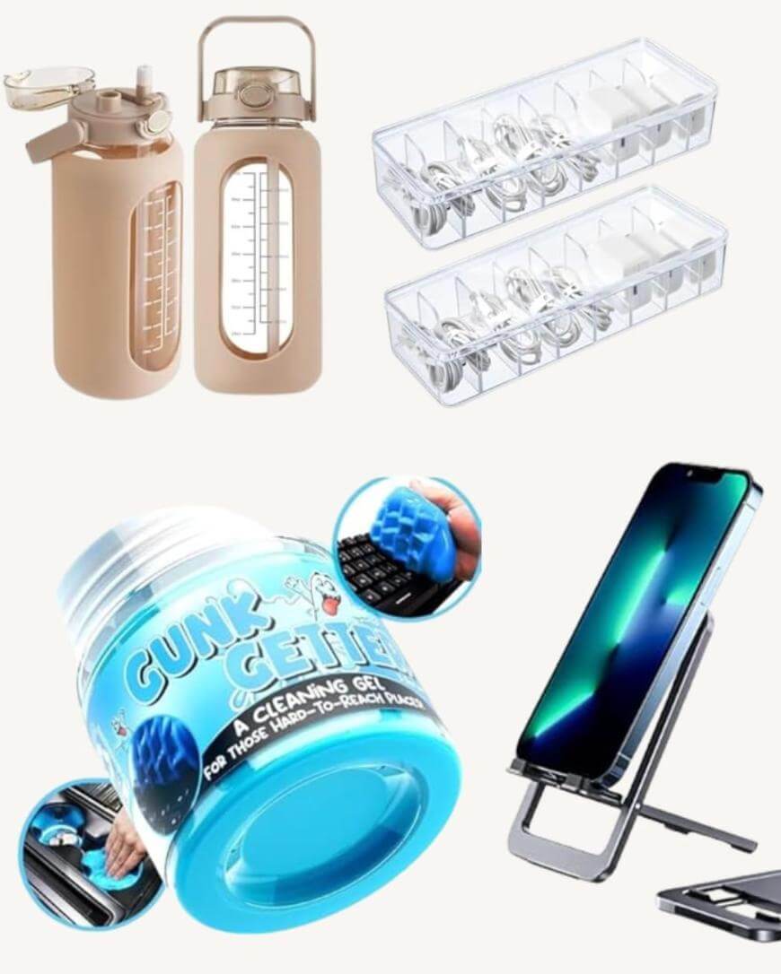 A beige water bottle, two clear plastic organizers with coiled cords, a jar of blue cleaning gel, and a black phone stand holding a smartphone are arranged on a white background.