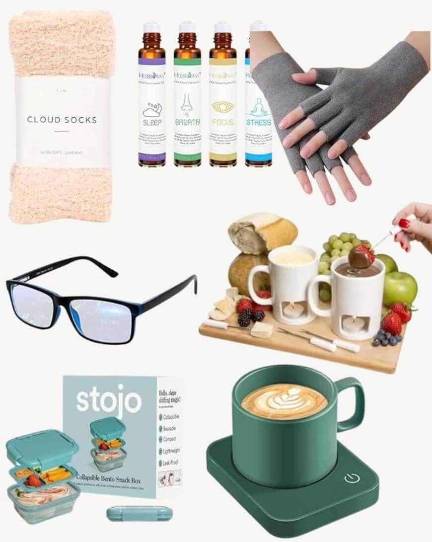 A collage of self-care gift items including cloud socks, four essential oil roll-ons, gray compression gloves, blue light glasses, a cheese and fruit serving set, a collapsible bento lunch box, and a green mug on a warmer.