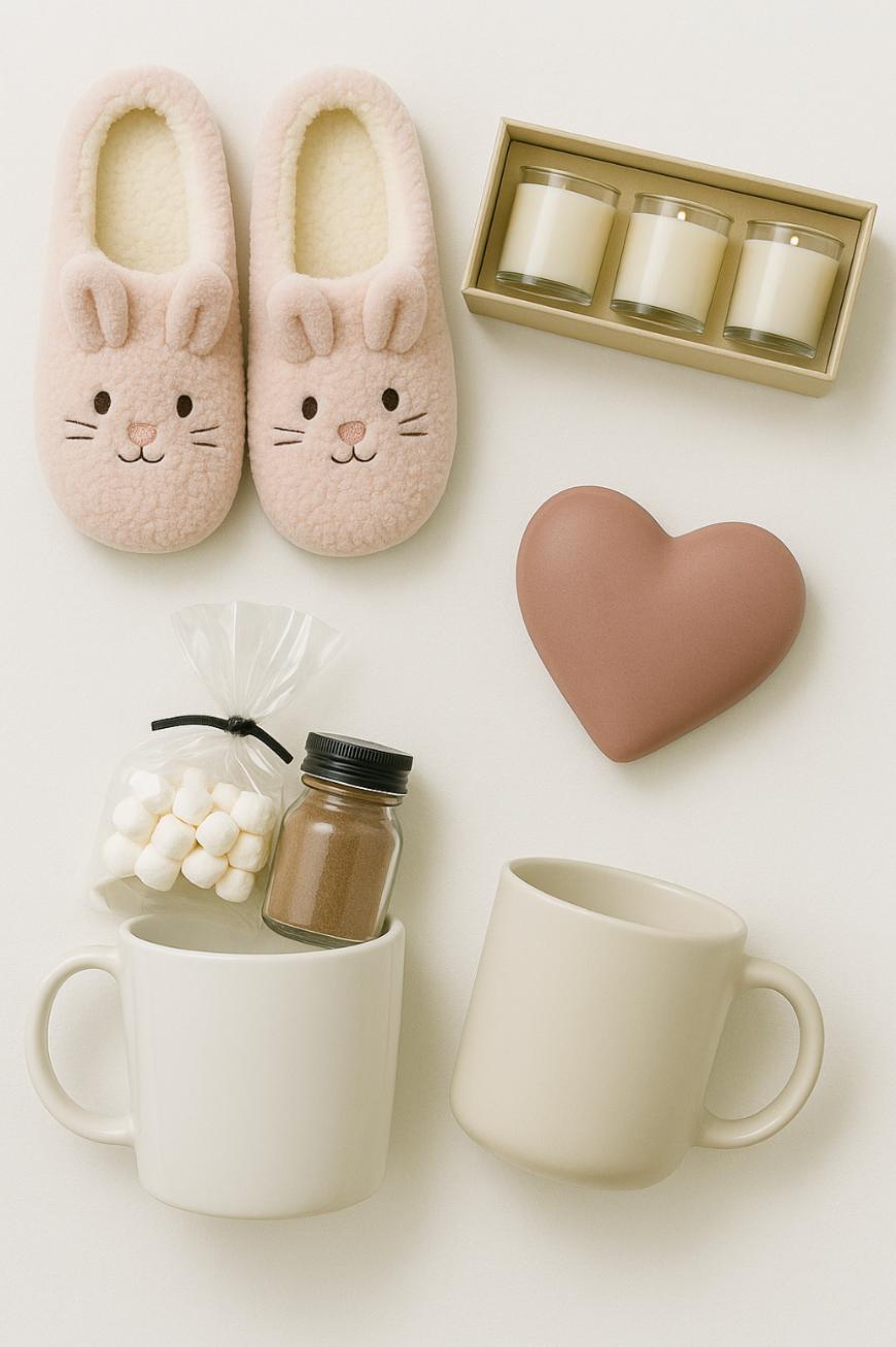 A flat lay of cozy items including pink bunny slippers, three white candles in a box, a heart-shaped object, two mugs, a small jar of cocoa, and a bag of mini marshmallows on a cream background.