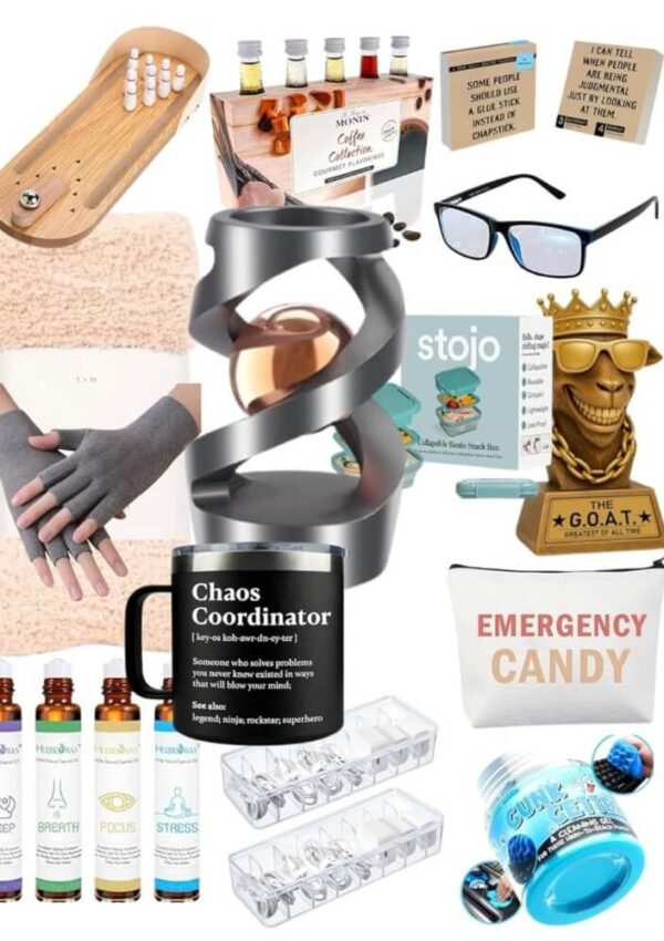 A collage of various gift items including cozy socks, a desktop game, coffee syrups, blue light glasses, gloves, a spiral sculpture, mugs, stress relief sprays, pill organizers, candy, and small trophies.