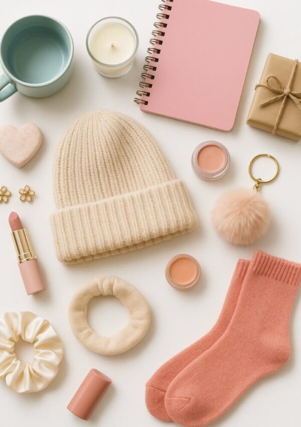 Flat lay of cozy items including a cream knit beanie, pink socks, a pink notebook, mug, candle, lipstick, wrapped gift, scrunchie, keychain, earrings, lip balm, and a heart-shaped cookie on a white background.