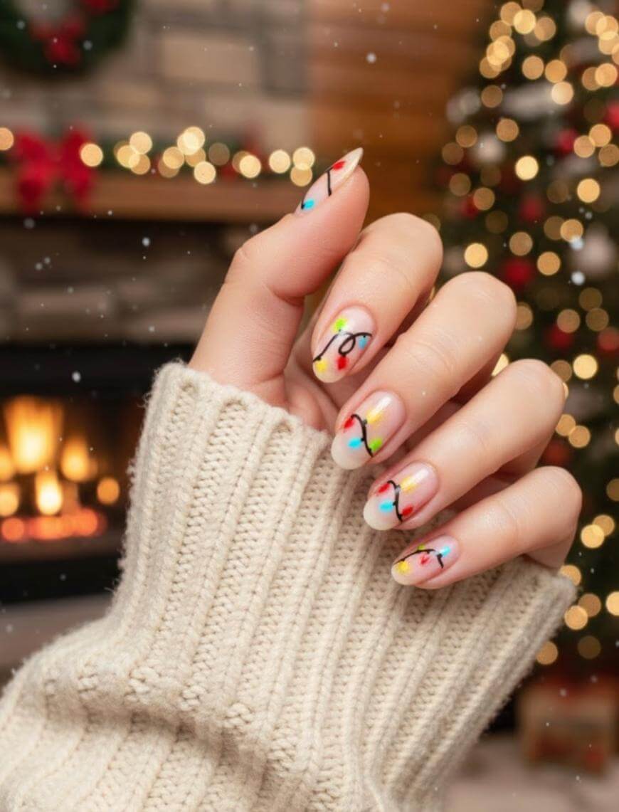 A hand with festive Christmas-themed nail art, featuring colorful string lights on nude nails, is shown in front of a fireplace and a decorated Christmas tree. The person is wearing a cream-colored sweater.