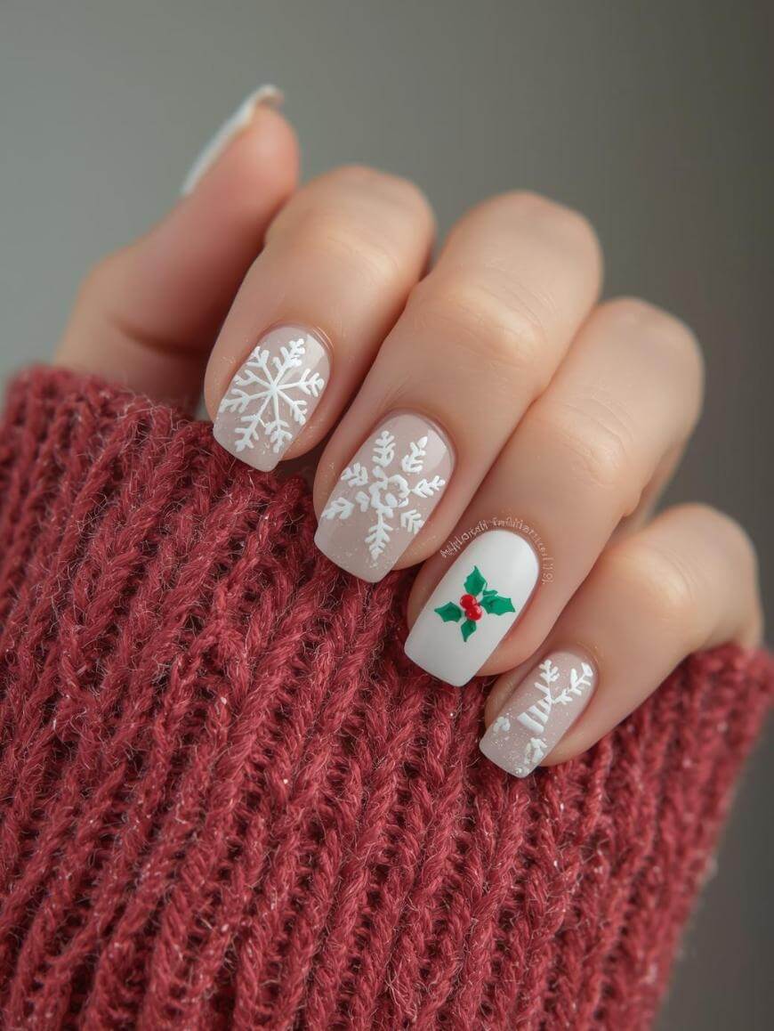 A hand with short nails painted in pale pink polish, featuring white snowflake designs on most nails and a holly leaf with red berries on the ring finger. The hand is partially covered by a red knit sweater.