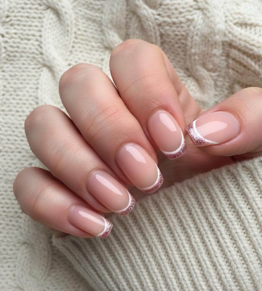 A hand with manicured nails featuring a nude base and thin, sparkly pink French tips, resting against a cream-colored, cable-knit sweater.