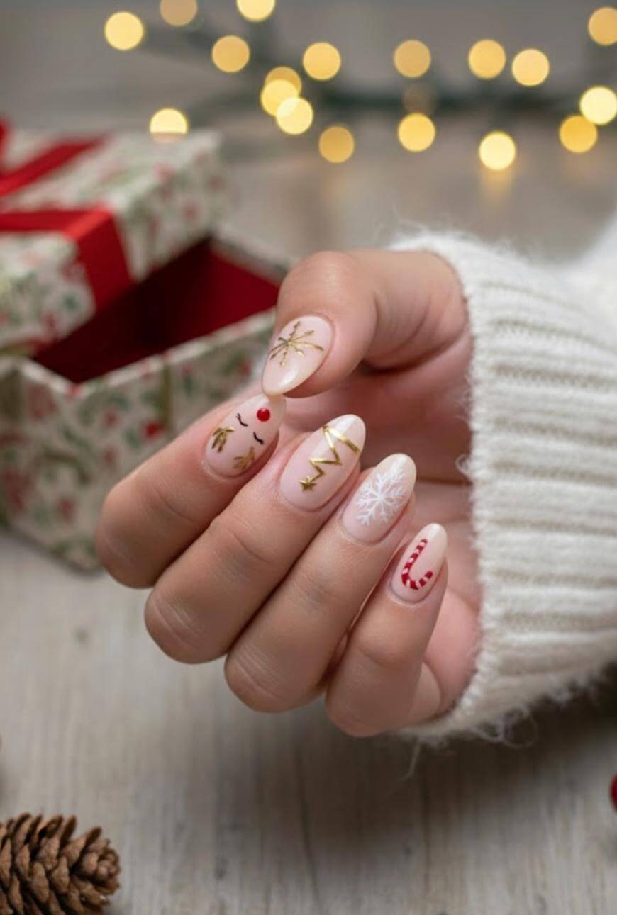 A hand with festive nail art featuring Christmas designs like a reindeer, tree, snowflake, and candy cane. A cozy sweater sleeve is visible, with a gift box and fairy lights in the blurred background.