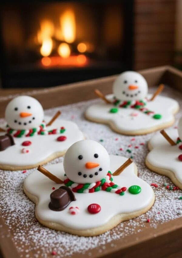 A tray of decorated snowman cookies with melted shapes, candy scarves, and pretzel-stick arms sits in front of a cozy fireplace. Each cookie is dusted with powdered sugar and colorful candies.