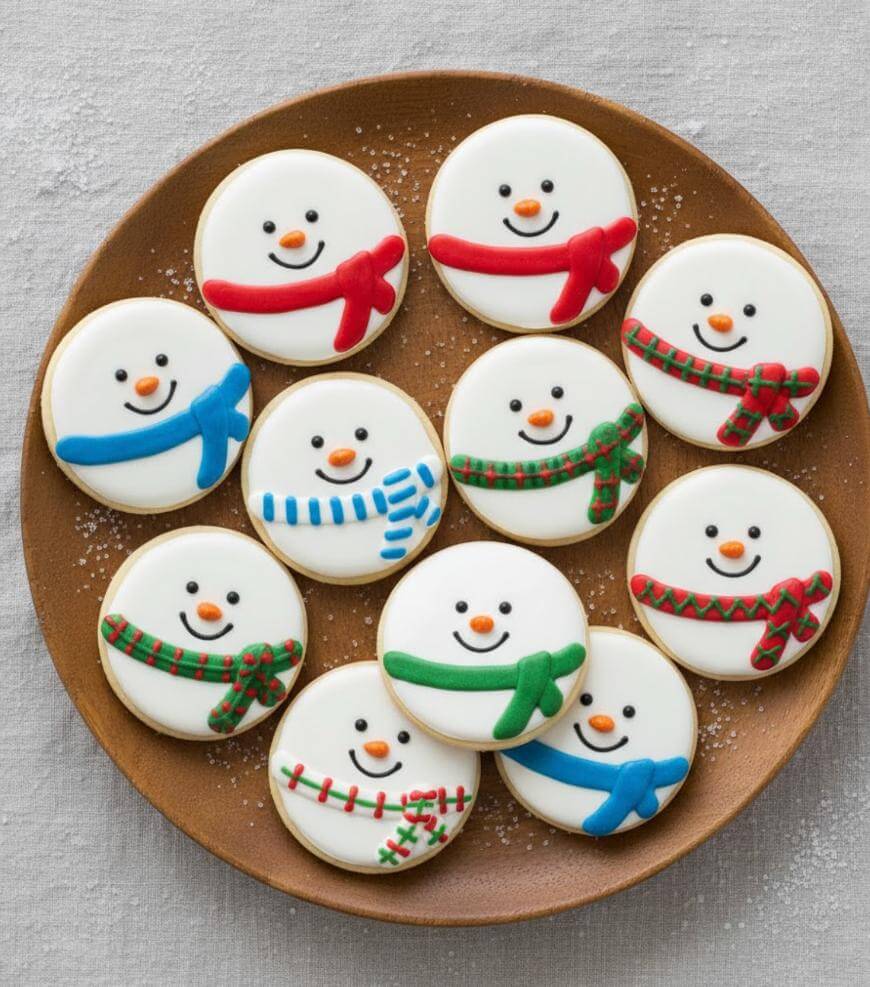 A plate of round cookies decorated as smiling snowman faces with orange noses and scarves in red, green, or blue icing, arranged on a brown plate on a light textured surface.