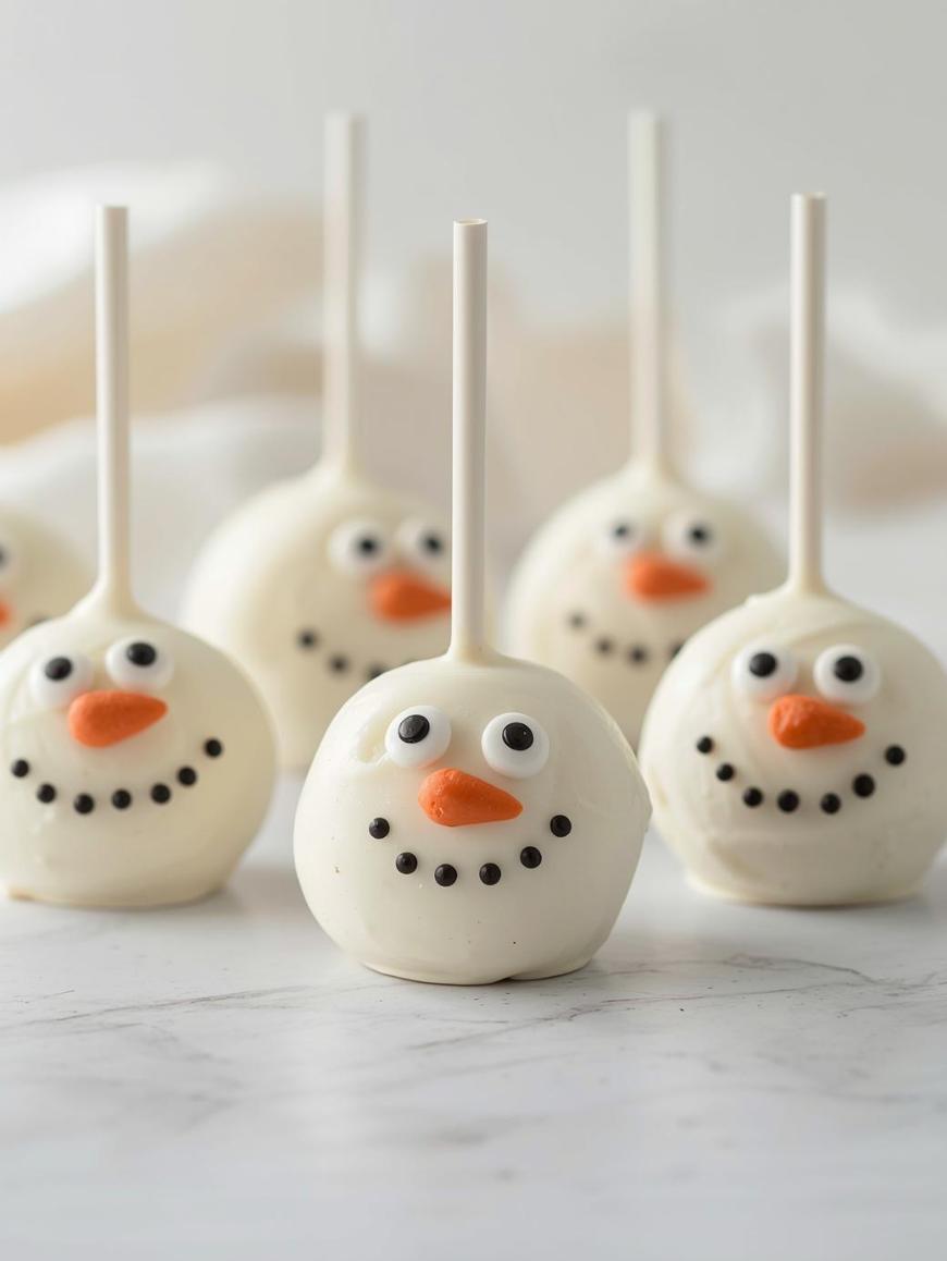 Six white cake pops decorated as snowman faces with candy eyes, orange candy noses, and dotted black smiles are arranged on a white surface. Each pop is on a white stick. The background is softly blurred.