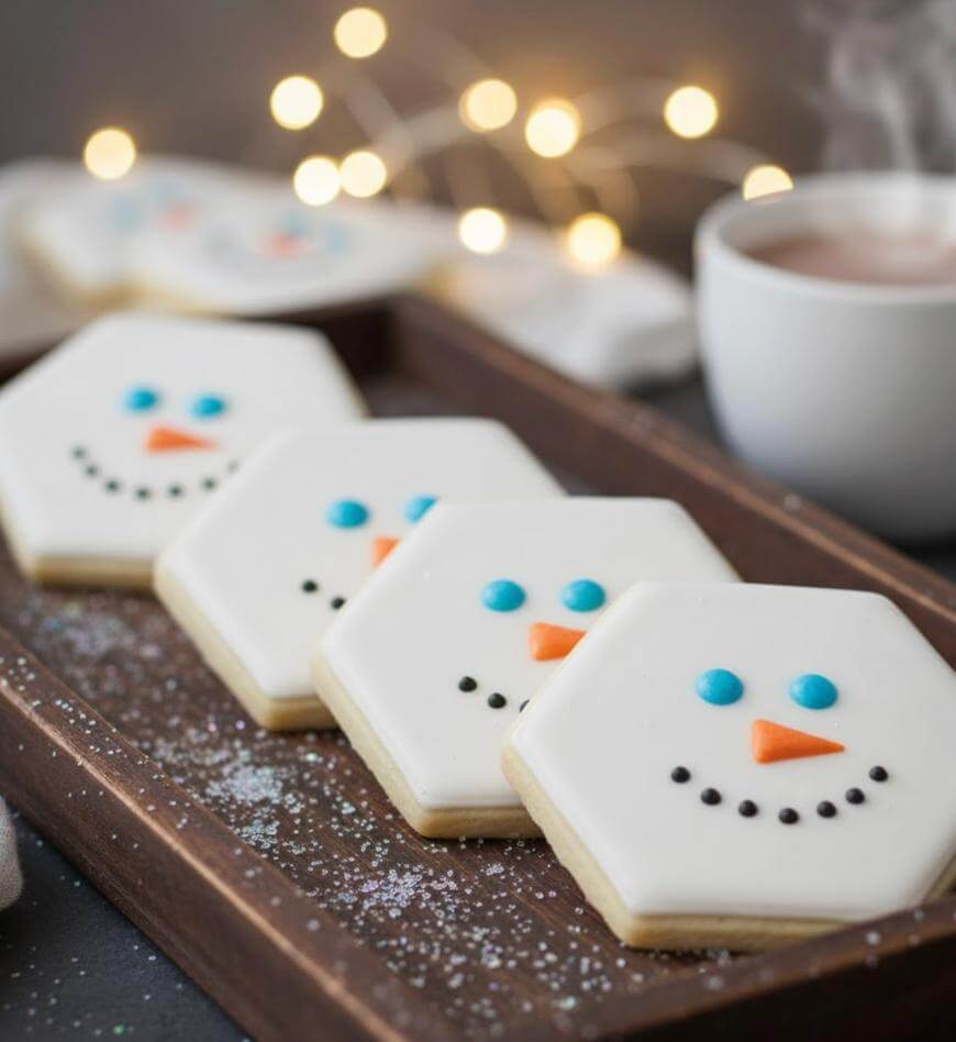 Hexagon-shaped cookies decorated as snowman faces with white icing, blue eyes, orange carrot noses, and black dotted smiles are arranged on a wooden tray. In the background, there are fairy lights and a cup of hot chocolate.