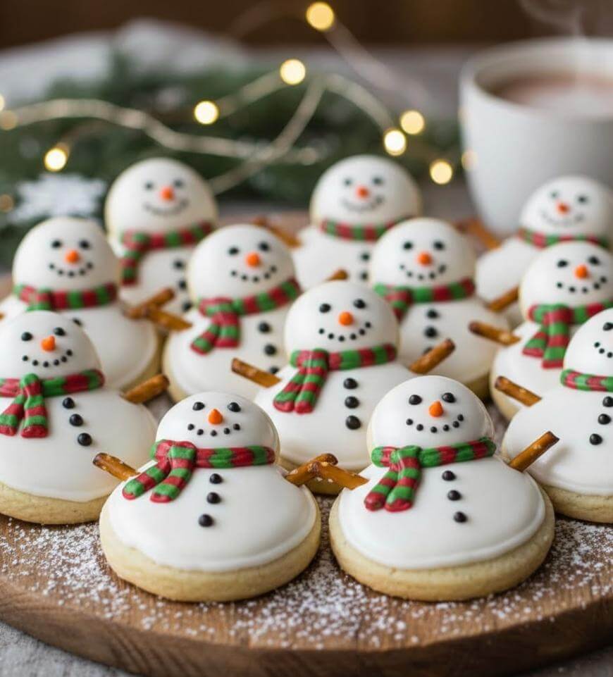Festive snowman cookies with white icing, pretzel stick arms, and red-green scarves are arranged on a wooden board. A blurred cup and holiday lights appear in the background.