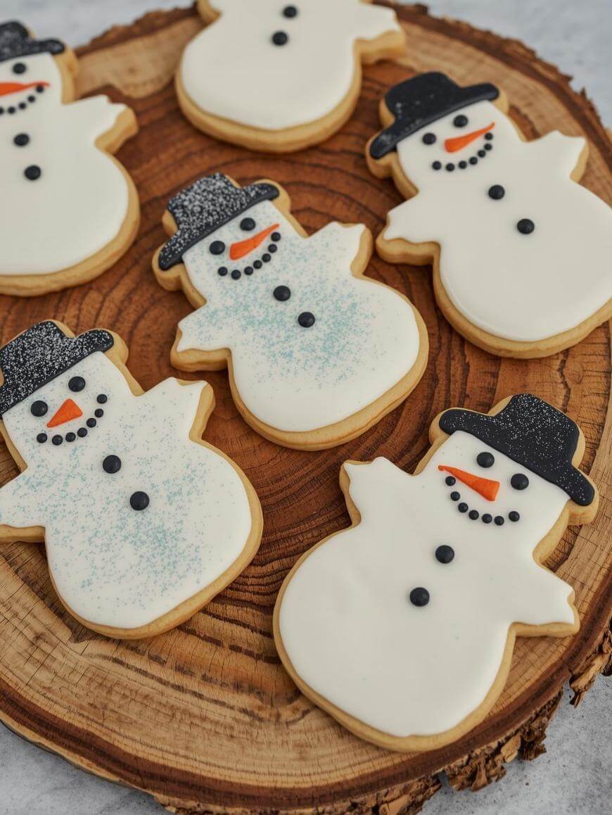 Snowman-shaped sugar cookies decorated with white icing, black hats, orange carrot noses, and black buttons and smiles, arranged on a wooden tree ring serving board.